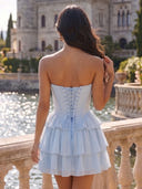 Chiffon Tiered A Line Short Strapless V Neck Corset Homecoming Dresses