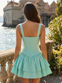 Satin Tiered A Line Spaghetti Straps V Neck Short Homecoming Dresses