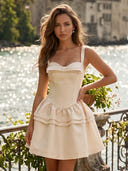 Satin A Line Spaghetti Straps V Neck Short Homecoming Dresses with Bow