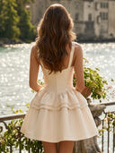 Satin A Line Spaghetti Straps V Neck Short Homecoming Dresses with Bow