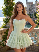 Lace Short Strapless A Line Corset Homecoming Dresses with Flower