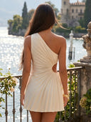 Satin Pleated A Line Short One Shoulder Homecoming Dresses