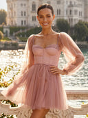 Tulle A Line Short Long Sleeves Sweetheart Corset Homecoming Dresses