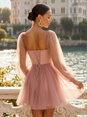 Tulle A Line Short Long Sleeves Sweetheart Corset Homecoming Dresses