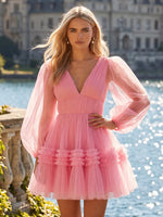 Tulle A Line Long Sleeves V Neck Mini Homecoming Dresses