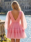 Tulle A Line Long Sleeves V Neck Mini Homecoming Dresses