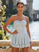 Floral A Line Short Strapless Tiered Corset Homecoming Dresses