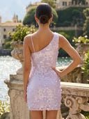 Sequin Mermaid Short One Shoulder Homecoming Dresses with Slit