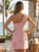 Satin Mermaid One Shoulder Sleeveless Short Homecoming Dresses with Flowers