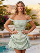 Satin A Line Off Shoulder Short Homecoming Dresses with Pleated