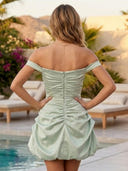 Satin A Line Off Shoulder Short Homecoming Dresses with Pleated