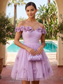 A Line Off Shoulder Sleeveless Short Homecoming Dresses with Flower