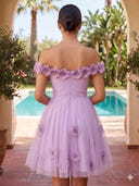 A Line Off Shoulder Sleeveless Short Homecoming Dresses with Flower
