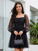 A Line Square Neck Long Sleeves Short Homecoming Dresses