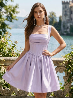 Satin A Line Square Neck Sleeveless Short Homecoming Dresses