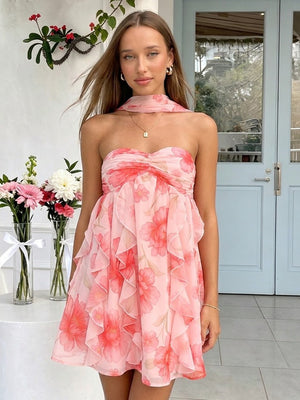Chiffon Strapless A Line Sleeveless Short Homecoming Dresses with Scarf
