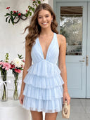 Chiffon V Neck A Line Sleeveless Short Homecoming Dresses with Tiered