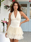Satin V Neck A Line Sleeveless Short Homecoming Dresses with Tiered