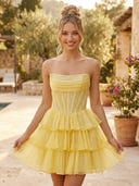 Chiffon Strapless A Line Short Homecoming Dresses with Tiered