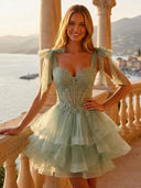 Tulle Sweetheart A Line Short Homecoming Dresses with Bow