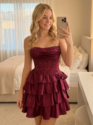 Satin Strapless A Line Short Homecoming Dresses with Tiered