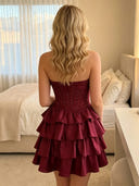 Satin Strapless A Line Short Homecoming Dresses with Tiered