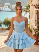 Satin Strapless A Line Short Homecoming Dresses with Sequin