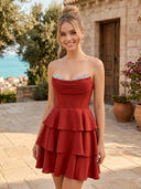 Satin Strapless A Line Short Homecoming Dresses with Tiered