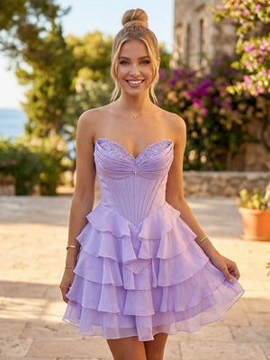 Chiffon Strapless A Line Short Homecoming Dresses with Lace