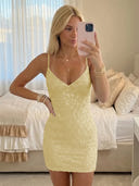 Sequin Mermaid V Neck Spaghetti Straps Short Homecoming Dresses with Tiered