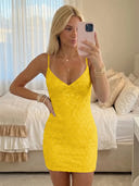 Sequin Mermaid V Neck Spaghetti Straps Short Homecoming Dresses with Tiered