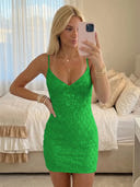 Sequin Mermaid V Neck Spaghetti Straps Short Homecoming Dresses with Tiered
