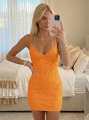 Sequin Mermaid V Neck Spaghetti Straps Short Homecoming Dresses with Tiered