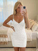 Sequin Mermaid V Neck Spaghetti Straps Short Homecoming Dresses with Tiered