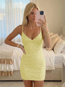Sequin Mermaid V Neck Spaghetti Straps Short Homecoming Dresses with Tiered