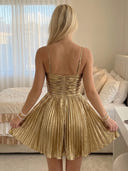 Satin A Line Halter Short Homecoming Dresses with Pleated