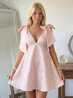 Jacquard A Line V Neck Spaghetti Straps Short Homecoming Dresses with Bow