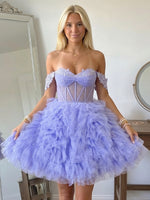 Tulle A Line Off Shoulder Short Homecoming Dresses with Lace Appliques