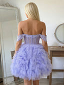 Tulle A Line Off Shoulder Short Homecoming Dresses with Lace Appliques