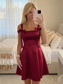 Satin A Line Square Neck Spaghetti Straps Short Homecoming Dresses with Bow