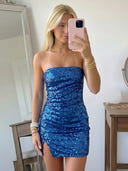 Sequin Mermaid Strapless Short Homecoming Dresses with Slit