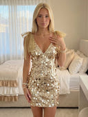 Sequin Mermaid V Neck Spaghetti Straps Short Homecoming Dresses with Bow