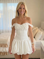 Satin A Line Off Shoulder Short Homecoming Dresses with Flowers