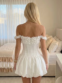 Satin A Line Off Shoulder Short Homecoming Dresses with Flowers