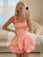 Satin A Line Spaghetti Straps Short Homecoming Dresses with Flowers