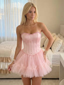 Satin A Line Strapless Short Homecoming Dresses