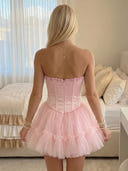 Satin A Line Strapless Short Homecoming Dresses