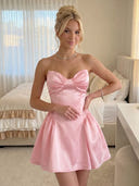 Satin A Line Strapless Short Homecoming Dresses with Bow