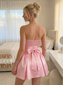 Satin A Line Strapless Short Homecoming Dresses with Bow