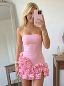 Satin Mermaid Strapless Short Homecoming Dresses with Flowers